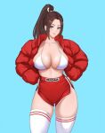  1girl alternate_costume artist_name bikini bikini_top_only blue_background breasts brown_eyes brown_hair closed_mouth collarbone dolphin_shorts english_commentary fatal_fury hands_on_own_hips jacket large_breasts long_hair looking_at_viewer meziosaur ninja open_clothes open_jacket ponytail puffy_sleeves red_jacket revealing_clothes shiranui_mai shorts smile solo swimsuit the_king_of_fighters thighhighs white_bikini white_thighhighs 