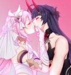  2girls absurdres ahoge bare_shoulders black_headwear closed_eyes collarbone couple elysia_(herrscher_of_human:ego)_(honkai_impact) elysia_(honkai_impact) english_commentary gloves hand_on_another&#039;s_chin highres honkai_(series) honkai_impact_3rd horns japanese_clothes kiss long_hair multiple_girls oni_horns open_mouth pink_hair pinkuma raiden_mei raiden_mei_(herrscher_of_thunder) red_horns simple_background twitter_username upper_body white_gloves white_headwear yuri 