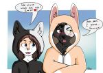  anthro azki_(azki_wolf) black_body black_fur blue_eyes blush brown_hair canid canine canis clothing dante_mutt_(artist) duo embarrassed exphilia fur hair heterochromia hoodie kigurumi lagomorph leporid male mammal onesie rabbit tan_body tan_fur topwear white_body white_fur wolf 