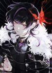  1boy alternate_costume bishounen black_choker blurry bridal_gauntlets bug butterfly chain choker earrings fur-trimmed_jacket fur_trim genshin_impact highres jacket jewelry looking_at_viewer male_focus purple_eyes red_butterfly ring scaramouche_(genshin_impact) short_hair single_earring solo upper_body yionyi23 