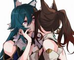  2girls animal_ears bare_shoulders blue_hair brown_hair fox_ears fox_girl hair_between_eyes hair_ornament honkai:_star_rail honkai_(series) kiss long_hair multiple_girls ponytail purple_eyes rekka simple_background tingyun_(honkai:_star_rail) upper_body very_long_hair white_background yukong_(honkai:_star_rail) yuri 