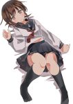  1girl absurdres black_sailor_collar black_skirt black_socks blush brown_eyes brown_hair closed_mouth haida_katsuretsu highres inazuma_(kancolle) kantai_collection kneehighs long_sleeves looking_at_viewer lying midriff midriff_peek neckerchief on_back red_neckerchief sailor_collar school_uniform serafuku shirt short_hair simple_background skirt socks wavy_mouth white_background white_shirt 