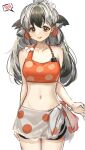  1girl absurdres arknights bikini black_hair breasts commentary_request grey_hair highres long_hair looking_at_viewer midriff multicolored_hair navel nopetroto open_mouth orange_eyes polka_dot shorts simple_background small_breasts snowsant_(arknights) solo spoken_blush swimsuit two-tone_hair white_background 