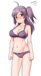  1girl absurdres ahoge bra breasts brown_eyes cleavage dated feet_out_of_frame groin hagikaze_(kancolle) highres kantai_collection large_breasts long_hair maru_(marg0613) navel one-hour_drawing_challenge one_side_up panties purple_bra purple_hair purple_panties simple_background solo twitter_username underwear underwear_only white_background 