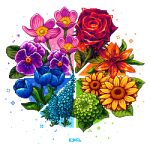  absurdres aqua_flower ardentemil artist_name blue_flower color_wheel_challenge flower flower_focus green_flower highres leaf no_humans orange_flower original pink_flower pixel_art purple_flower red_flower red_rose rose sunflower yellow_flower 