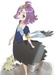  1girl acerola_(pokemon) armlet blue_eyes blush dress hair_ornament highres kurobeko_(kur0bek0) looking_at_viewer mimikyu multicolored_clothes multicolored_dress parted_lips patchwork_clothes pokemon pokemon_(creature) pokemon_(game) pokemon_sm purple_hair shoes short_hair short_sleeves simple_background slippers topknot 