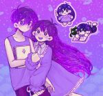  1boy 1girl alternate_costume blush bright_pupils chibi closed_mouth collarbone dress holding holding_notebook long_hair long_sleeves looking_at_viewer mari_(omori) notebook omori omori_(omori) open_mouth purple_dress purple_eyes purple_hair purple_shorts short_hair shorts smile white_pupils yuilu_(yuiluqqq) 
