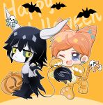  1boy 1girl animal_costume aou_(tcwth) bat_(animal) bat_earrings bleach blue_eyes cat_costume chibi colored_sclera cone_hair_bun demon_wings double_bun earrings green_sclera hair_bun halloween horn_ornament horns inoue_orihime jack-o&#039;-lantern jewelry one_eye_closed open_mouth pale_skin skull_ornament tail tail_ornament ulquiorra_cifer wings yellow_eyes 