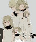  1boy 1girl arm_at_side blonde_hair corleo_(mamayuyu) crying dress frying_pan fur_collar grey_background holding holding_frying_pan horns hug hug_from_behind mamama_(mamayuyu) mamayuyu multiple_views pointy_ears red_eyes sharp_teeth short_hair sigil sitting standing teeth wazu_(wawa_pe) white_dress wristband 