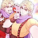 2boys black_nails blonde_hair closed_mouth commentary_request dio_brando dual_persona ear_birthmark fangs grm_jogio hands_up jojo_no_kimyou_na_bouken looking_at_viewer lowres male_focus mole mole_on_ear multiple_boys phantom_blood purple_scarf red_eyes scarf short_hair smile suspenders teeth v vampire yellow_eyes 