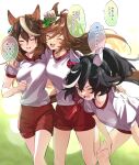  3girls ^_^ ahoge animal_ears arm_around_shoulder bent_over black_hair blush breasts brown_hair clenched_hand closed_eyes ear_covers feet_out_of_frame hair_ornament hairclip hand_on_another&#039;s_back hat horse_ears horse_girl horse_tail katsuragi_ace_(umamusume) long_hair mini_hat mini_top_hat misu_kasumi mr._c.b._(umamusume) multicolored_hair multiple_girls open_mouth ponytail red_shorts shirt short_hair shorts small_breasts smile speech_bubble streaked_hair sweat symboli_rudolf_(umamusume) tail top_hat translation_request umamusume walking white_shirt 