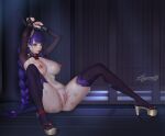  1girl braid breasts bridal_gauntlets bruise censored cuffs genshin_impact injury large_breasts long_hair mosaic_censoring nipples nude purple_eyes purple_hair pussy raiden_shogun restrained shackles single_braid spread_legs tangerine_(dudu) thighhighs thighs 