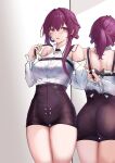  1girl absurdres arm_behind_back ass bare_shoulders black_shorts breasts commentary cowboy_shot high-waist_shorts highres honkai:_star_rail honkai_(series) kafka_(honkai:_star_rail) large_breasts long_sleeves mirror ponytail purple_eyes purple_hair reflection shirt short_shorts shorts solo standing thighs white_shirt yawww_(yawwwart) 