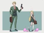  1boy 1girl age_regression aged_down black_footwear blonde_hair blue_eyes blush briefcase collared_shirt dress dress_shoes english_commentary flat_chest frown genderswap genderswap_(mtf) green_dress green_jacket green_pants green_suit green_vest gun henshin highres holding holding_briefcase holding_gun holding_weapon jacket kneehighs long_hair long_sleeves looking_afar looking_at_self mary_janes motion_lines multiple_views necktie pants parted_bangs red_necktie school_uniform shirt shoes short_dress short_hair short_sleeves simple_background smoke socks spy_x_family straight_hair suit surprised twilight_(spy_x_family) vest weapon white_shirt white_socks zrav7853 