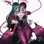  2girls absurdres animal_print bare_shoulders bat_print breasts chain chainsaw_man cleavage cosplay covered_navel finger_in_another&#039;s_mouth fur_trim grey_background halo head_wings highres holding large_breasts leotard long_hair makima_(chainsaw_man) makima_(chainsaw_man)_(cosplay) morrigan_aensland morrigan_aensland_(cosplay) multiple_girls pantyhose print_pantyhose red_hair red_nails simple_background smile strapless strapless_leotard vampire_(game) wings wonbin_lee 