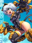  1girl 30_minutes_sisters animal_ears bandai black_leotard blue_eyes boots breasts cable cable_tail cat_ears covered_navel cyborg highres joints leotard logo looking_at_viewer mecha_musume mechanical_ears mechanical_tail medium_breasts rishetta_(30ms) shiny_clothes shiny_skin short_hair solo substance20 tail thigh_boots white_hair 