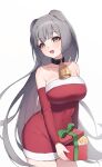  1girl animal_ears bell breasts collar dog_ears dress gift grey_hair hair_between_eyes highres holding holding_gift large_breasts long_hair open_mouth original red_dress santa_dress solo ugwa very_long_hair white_background yellow_eyes 