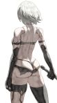  1girl a2_(nier:automata) alternate_hair_length alternate_hairstyle armlet artist_name ass ass_focus back black_bra black_panties bra breasts cowboy_shot elbow_gloves gloves grey_hair highres holding holding_sword holding_weapon joints medium_breasts nier:automata nier_(series) panties robot_joints short_hair sidelighting simple_background single_thighhigh skirt solo sword thighhighs thighs thong torn_clothes torn_skirt torn_thighhighs twitter_username uenoryoma underwear weapon wedgie white_background wind 