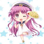  1girl :d arm_up asahina_yori blue_sailor_collar blush chibi commentary_request dress eyes_visible_through_hair fang food fried_rice frilled_dress frills grey_eyes happy holding holding_food holding_spoon katou_umi long_hair looking_at_viewer open_mouth parted_bangs purple_hair ribbon sailor_collar sandals simple_background sleeveless sleeveless_dress smile solo spoon standing standing_on_one_leg starry_background straight-on summer_pockets two_side_up very_long_hair white_background white_dress white_headwear yellow_ribbon 