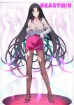  1girl absurdres bare_shoulders black_hair black_pantyhose breasts cleavage earrings facial_mark fate/grand_order fate_(series) forehead_mark full_body green_eyes grin hand_on_own_hip high_heels highres jewelry kojima_takeshi long_hair looking_at_viewer necklace pantyhose pencil_skirt pink_footwear sesshouin_kiara skirt smile solo tattoo torn_clothes torn_pantyhose very_long_hair 