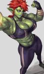  2023 abs bandage bandage_on_nose biceps big_breasts bottomwear bra breasts clothing ear_piercing female flexing green_body green_skin hair hi_res humanoid humanoid_pointy_ears muscular muscular_female not_furry orc pants piercing red_hair solo sports_bra tusks underwear virgoart 