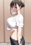  1girl ^^^ aya_(jonsun) black_shorts blurry blurry_background breasts brown_eyes brown_hair closed_mouth clothes_writing jonsun large_breasts lifted_by_self looking_at_viewer navel original shirt short_hair short_sleeves shorts sidelocks solo stomach twitter_username white_shirt 