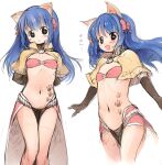 1girl animal_ears arms_behind_back bangs bikini bikini_top_only black_eyes blue_hair blush bow brown_capelet brown_gloves capelet cat_ears closed_mouth commentary_request elbow_gloves emurin feet_out_of_frame flat_chest gloves hair_bow long_hair looking_at_viewer mage_(ragnarok_online) majiko_(emurin) midriff multiple_views navel open_mouth paw_print_tattoo ragnarok_online red_bikini red_bow red_skirt showgirl_skirt simple_background skirt smile star-shaped_pupils star_(symbol) swimsuit symbol-shaped_pupils white_background 