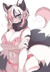  1girl :&lt; animal_ear_fluff animal_ears animal_nose arm_under_breasts black_hair blue_eyes blush body_fur bra commission english_commentary eyeshadow frown furry furry_female hair_over_one_eye highres holding_own_arm looking_at_viewer makeup multicolored_hair navel one_eye_covered original panties pink_bra pink_hair pink_panties red_eyeshadow short_hair signature solo streaked_hair tail underwear white_fur zakro 
