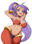  1girl :d ahoge ajidot bandeau black_choker blue_eyes breasts choker commentary_request cowboy_shot earrings highres hoop_earrings jewelry large_breasts long_hair looking_at_viewer midriff navel o-ring o-ring_top open_mouth pants pointy_ears ponytail purple_hair red_pants shantae shantae_(series) simple_background smile solo standing stomach thighs very_long_hair white_background 