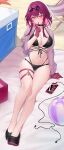  1girl absurdres ball bare_legs beach_towel beachball bikini black-framed_eyewear black_bikini black_choker black_footwear black_ribbon blush breasts cellphone choker cleavage cooler day earphones earrings eyewear_on_head finger_to_mouth full_body glasses gloves high_heels highres honkai:_star_rail honkai_(series) index_finger_raised jewelry kafka_(honkai:_star_rail) large_breasts long_hair long_sleeves looking_at_viewer multiple_rings navel outdoors parted_lips phone pink_eyes purple_gloves purple_hair ribbon ring round_eyewear see-through shushing sitting smartphone smile solo starfish swimsuit thigh_gap thigh_strap towel wu_yao_jun 