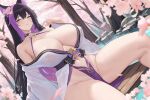  1girl animal_ears areola_slip black_hair blue_eyes breasts cherry_blossoms cleavage groin halterneck heart heart_tattoo highres huge_breasts japanese_clothes kiek_qaq long_hair multicolored_hair original sitting tattoo thighs tree wolf_ears 