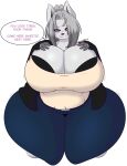  2022 anthro arctic_fox belt big_breasts black_bra black_clothing black_jacket black_sclera black_topwear black_underwear bottomwear bra breasts canid canine chubby_anthro chubby_female cleavage clothed clothing denim denim_clothing dewwydarts dialogue english_text female fingerless_(marking) fox front_view fur grey_hair hair hand_on_breast hi_res huge_breasts huge_thighs inviting jacket jeans kneeling looking_at_viewer mammal mary_(dewwydarts) open_clothing open_jacket open_topwear pants purple_eyes simple_background smile solo speech_bubble talking_to_viewer tan_clothing tan_topwear text thick_thighs topwear underwear white_background white_body white_fur wide_hips 
