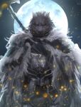  1boy absurdres animal_head armor blaidd_the_half-wolf breastplate cape cloak elden_ring full_moon fur_cape fur_cloak furry furry_male highres huge_moon light_particles looking_at_viewer male_focus moon neumo scar scar_on_cheek scar_on_face short_hair solo straight-on sword sword_behind_back thick_eyebrows weapon wolf_boy 