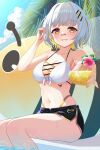  1girl banana_de_ikopon bandaid bandaid_on_face bandaid_on_nose bee bikini black_shorts blonde_hair breasts bug center_opening colored_inner_hair cross-laced_slit cup day dolphin_shorts drinking_glass flower front-tie_bikini_top front-tie_top grey_hair hachi_(live_union) hibiscus highres live_union looking_at_viewer medium_breasts mole mole_under_eye multicolored_bikini multicolored_clothes multicolored_hair navel o-ring o-ring_top orange_nails outdoors palm_tree parted_lips short_hair short_shorts shorts sitting solo stomach_tattoo swimsuit tattoo tree tropical_drink virtual_youtuber wet white_bikini yellow_bikini yellow_eyes 