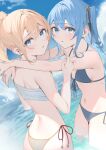  2girls bikini blonde_hair blue_bikini blue_eyes blue_hair breasts chest_sarashi hair_between_eyes highres hololive hoshimachi_suisei kazama_iroha long_hair looking_at_viewer looking_back multiple_girls navel ponytail ryuya sarashi side-tie_bikini_bottom small_breasts star_(symbol) star_in_eye stomach swimsuit symbol_in_eye virtual_youtuber water 