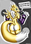  absurd_res anthro bandai_namco butt digimon digimon_(species) english_text female fur heartlessangel3d hi_res looking_back microphone renamon solo speech_box tail text yellow_body yellow_fur 