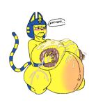  animal_crossing animal_humanoid ankha_(animal_crossing) anthro areola belly big_belly big_breasts blue_hair blush bodily_fluids breasts cleavage clothed clothing cum cum_on_breasts cum_on_face dark_areola digital_media_(artwork) domestic_cat egyptian felid feline felis female fur genital_fluids hair huge_breasts humanoid lactating looking_away lurker_bot mammal milk navel nintendo nipples nude pregnant pregnant_female simple_background solo tail text thick_thighs yellow_body yellow_fur 