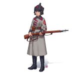  1girl absurdres ammunition_pouch belt black_footwear black_hair bolt_action boots brown_hair budenovka coat greatcoat grey_coat gun hammer_and_sickle highres holding holding_gun holding_weapon military military_uniform mosin-nagant original ostwindprojekt pouch red_star rifle shadow signature simple_background sling soviet soviet_army swastika uniform weapon 