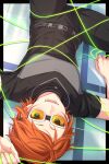  1boy arm_up belt billy_wise black_border black_pants blue_eyes blush border commentary_request fingernails goggles helios_rising_heroes highres looking_at_viewer male_focus open_mouth orange_hair outside_border pants partial_commentary sekina short_hair short_sleeves solo teeth 