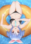  1girl bikini black_bikini blue_hair blush breasts floating food from_above highres hololive hukigen_dadada innertube looking_at_viewer lying medium_breasts navel official_alternate_hairstyle on_back open_mouth popsicle red_eyes short_eyebrows short_hair short_twintails solo swimsuit thick_eyebrows thigh_gap twintails usada_pekora virtual_youtuber water 