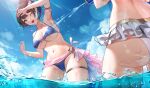  2girls :d absurdres air_bubble arm_up armband armpits ass ass_visible_through_thighs back bikini black_hair blue_bikini blue_sky breasts brown_hair bubble cleavage cloud collarbone day frilled_bikini frills head_out_of_frame highres large_breasts lens_flare looking_at_another multiple_girls one_eye_closed original outdoors partially_submerged sarong shuiruoqing sky smile splashing standing swimsuit teeth thigh_strap thighs underboob upper_teeth_only wading water_drop wet white_bikini 