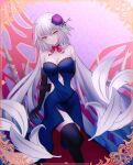  1girl ahoge bare_shoulders black_dress black_gloves black_thighhighs breasts brown_eyes closed_mouth clothing_cutout commentary_request dress elbow_gloves fate/grand_order fate_(series) flower formal gloves hair_flower hair_ornament highres jeanne_d&#039;arc_alter_(fate) large_breasts long_hair looking_at_viewer official_alternate_costume pale_skin purple_flower roro_982 side_slit solo strapless strapless_dress thighhighs very_long_hair white_hair 