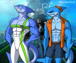  6:5 abs absurd_res alkan anthro blue_body clothed clothing duo fish hi_res kashiver male male/male marine multicolored_body muscular muscular_anthro muscular_male navel off_shoulder open_clothing red_eyes rova(character) shark two_tone_body yellow_eyes 
