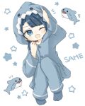  1girl ;d aizawa_kazuha animal_hood arm_up assault_lily blue_eyes blue_hair blue_pajamas blue_pants blue_socks blunt_bangs blush buttons commentary full_body hand_on_own_head hand_up highres hood hood_up hooded_pajamas knees_together_feet_apart knees_up long_sleeves looking_at_viewer medium_hair no_shoes notice_lines one_eye_closed open_mouth pajamas pants shark shark_hood sitting smile socks solo starry_background v-shaped_eyebrows white_background yubari_lemon_(lemonlilie) 