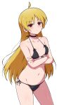 1girl absurdres ahoge bare_arms bare_shoulders bikini black_bikini black_choker blonde_hair bocchi_the_rock! breasts choker closed_mouth collarbone commentary_request crossed_arms eggman_(pixiv28975023) fingernails front-tie_bikini_top front-tie_top halterneck highres ijichi_seika light_blush long_hair looking_at_viewer nail_polish navel pink_nails red_eyes side-tie_bikini_bottom simple_background small_breasts solo stomach sweatdrop swimsuit white_background 