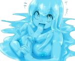  1girl barefoot blue_eyes breasts feet highres large_breasts marbleslime monster_girl nipples open_mouth original own_hands_clasped own_hands_together penis pussy simple_background slime_girl soles solo spread_legs toes tongue tongue_out white_background 