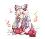 1girl bow fire fujiwara_no_mokou hair_bow hand_on_own_face highres jumpsuit long_hair long_sleeves looking_at_viewer primsla red_eyes red_jumpsuit solo solo_focus touhou white_hair 