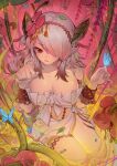  1girl absurdres bare_shoulders breasts cleavage dress duel_monster flower hair_flower hair_ornament hair_over_one_eye highres large_breasts long_hair mamayu multicolored_hair navel nectar open_mouth pink_hair pointy_ears red_eyes solo strapless traptrix_pinguicula tube_top twitter_username white_tube_top yu-gi-oh! 