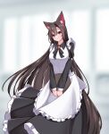  1girl animal_ear_fluff animal_ears apron black_hair blurry blurry_background breasts closed_mouth commentary_request hashi2387 highres holding holding_tray imaizumi_kagerou indoors long_hair long_sleeves looking_at_viewer maid red_eyes smile solo touhou tray white_apron wolf_ears wolf_girl 