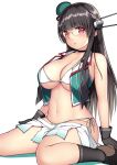  1girl absurdres bikini bikini_under_clothes black_gloves black_hair breasts choukai_(kancolle) choukai_kai_ni_(kancolle) cleavage glasses gloves headgear highres kantai_collection kuromayu large_breasts long_hair looking_at_viewer navel red_eyes rimless_eyewear side-tie_bikini_bottom simple_background sitting solo swimsuit torn_clothes wariza white_background white_bikini 